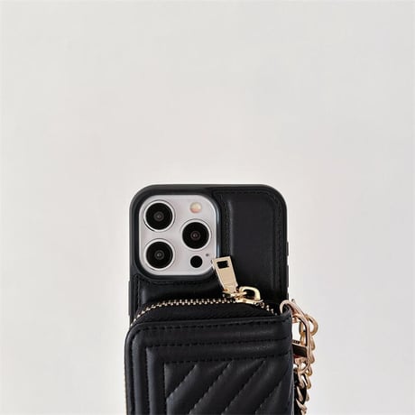 CUTECASEカード/小物入れ付 アイフォン15プロ/15ケース レザー ショルダーチェーン付 iPhone14pro/13/12promaxカバー 高級感 セレブ愛用CM4253