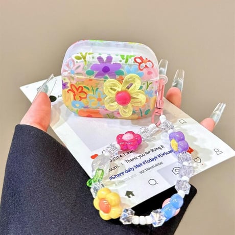 CUTECASE 綺麗花柄 Airpods4ケースカバー 花ストラップ付 AirpodsPro2ケース airpods3/2ケース 可愛い ギフトにおすすめCM5548