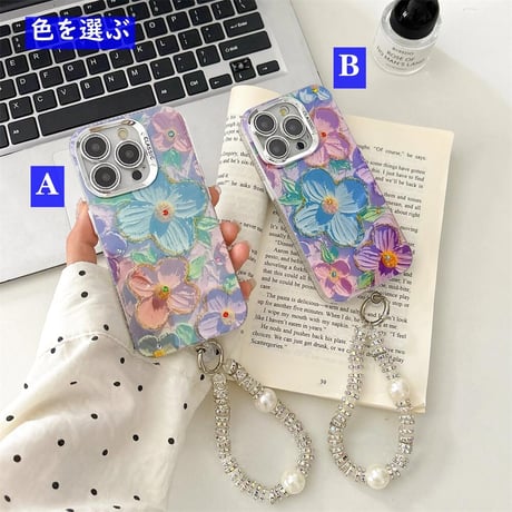 CUTECASE油絵の花 iPhone15Pro/15カバー お洒落ストラップ付 アイフォン14プロ/13/12ケース 光る 女子力アップ CM4555
