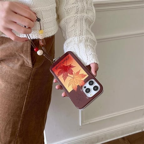 CUTECASE紅葉 iphone16/16proカバー オシャレストラップ iphone15pro/14/13ケース 秋冬に流行る CM4968
