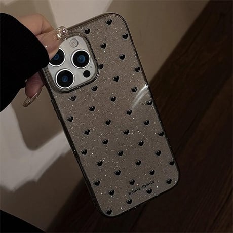 CUTECASE ブラックハート柄 iPhone16pro/16カバー キラキララメ iPhone15promax/14/13ケース 透明 シック おしゃれ CM5463