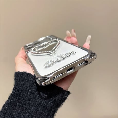 CUTECASEミラーリングスタンド iPhone17Promaxケースチェーン/パールストラップ iPhone16Pro/15promaxケース 可愛い便利 多機能 CM6429