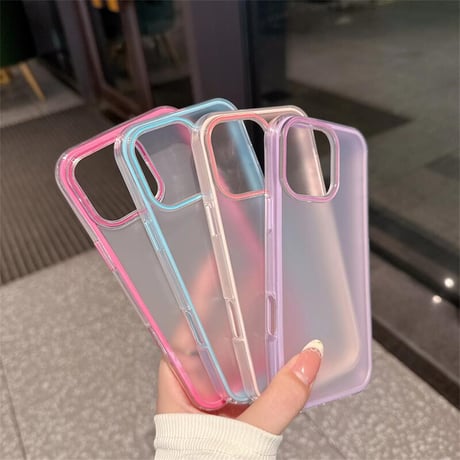 CUTECASEパステルカラー iPhone16/16Proカバー 指紋防止 半透明 アイフォン15promax/14/13カバー カラーライン シンプル風 CM5418
