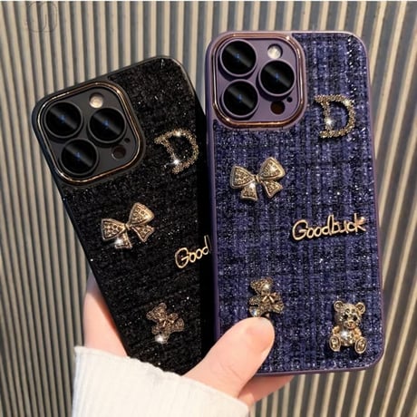 CUTECASE織物 iPhone17Pro/17ケース リボン/熊デコ カメラ保護カバー iPhone17ProMax/16/15カバー 放熱仕様 セレブ愛用 CM5845