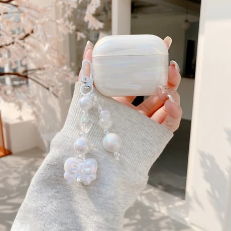 CUTECASE キラキラ感シェル柄 Airpods Pro3ケース リボンキーホルダー Airpods 4/3カバー AirpodsPro2/1 大人可愛い きれいCM6312