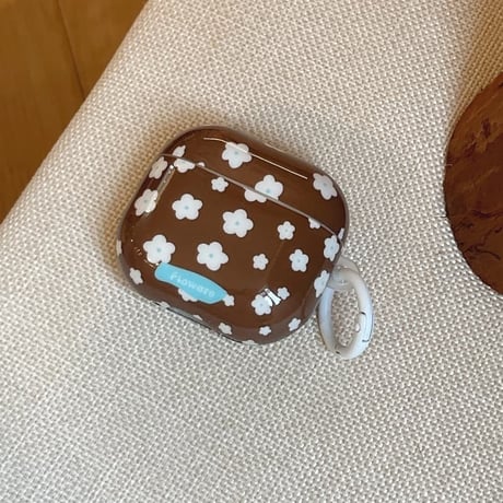CUTECASE 韓国っぽ Airpods Pro3ケース 花柄 Airpods4/3カバー pro2/pro1 白花キーホルダー/リング ブラウンカラーCM6057
