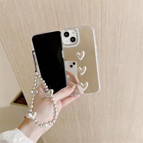 CUTECASEハートデコ鏡 アイフォン16/16promaxケース ハートストラップ iPhone15pro/14/13proカバー 可愛い 丈夫 夏に人気CM5435