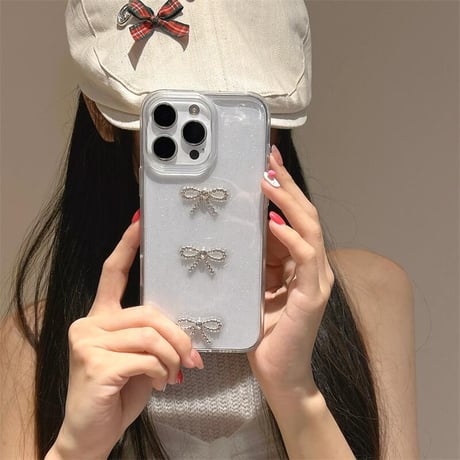 CUTECASEジュエリーリボン iPhone16/16Proケース 透明 ラメ入り iPhone15plus/14pro/13カバー おしゃれ クリア 可愛いCM5438