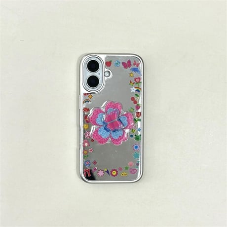 CUTECASEメイク鏡 iPhone16pro/16ケース 花/蝶グリップ iphone15pro/14/13proカバー 大人可愛い 春夏向け 便利CM5167