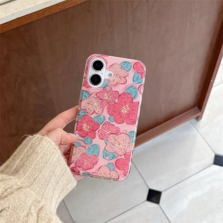CUTECASEラメ花柄 iphone16/16proケース おしゃれ ピンク iphone15pro/14/13proケース 可愛い 女子力高い CM5023
