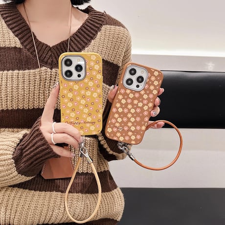 CUTECASEストラップ付 iPhone16/16proケース 花柄 レザー アイフォン15pro/14/13proカバー 高品質 エレガントCM4810