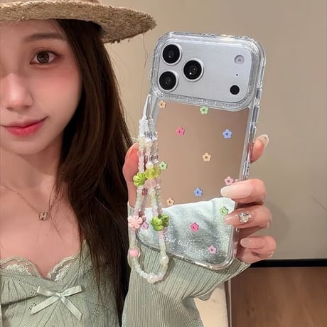 CUTECASE 花柄ミラー iPhone17pro/17ケース 花ストラップ iPhone16/15pro/17promaxケース 日常/旅行に合う 女子力高い かわいいCM6235