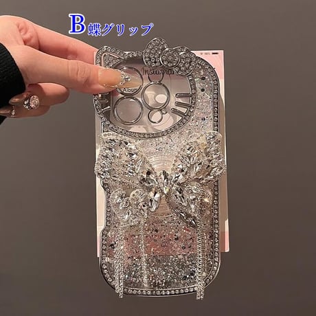 CUTECASE大人可愛い iPhone16/16Proケース ダイヤリボン ハート/蝶グリップ iPhone15Pro/14/13Proケース グリッター入り キラキラ ギフトに最適 CM4817
