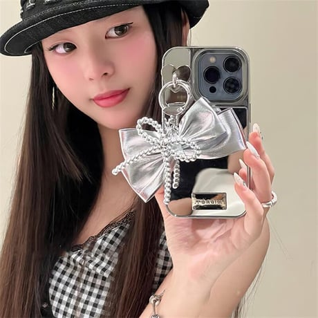 CUTECASEリボンチャーム iPhone16pro/16ケース 鏡 iPhone15/14pro/13promaxカバー 女子力高い おしゃれ シック CM5131