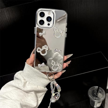 CUTECASEジュエリーミラー iPhone16/16proケース かわいい ストラップ iPhone15pro/14/13proカバー メイク直しに便利 人気CM5320