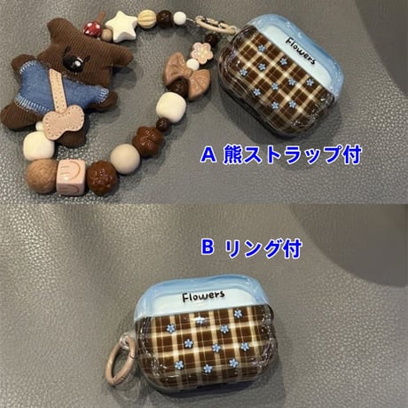 CUTECASE 韓国っぽい Airpods Pro3ケース 花柄 熊ストラップ付 Airpods4/3ケース AirpodsPro2/Pro1カバー チェック柄 ギフトにおすすめ CM5838