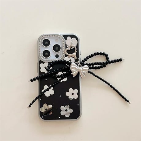 CUTECASE鏡付花 iPhone16pro/16ケース ジュエリー リボンチャーム iphone15pro/14/13proカバー 大人可愛い 女子力高いCM5188