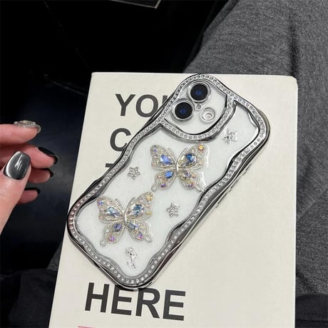 CUTECASEダイヤ蝶 iPhone16pro/16カバー ジュエリーライン iPhone15pro/14/13promaxケース 上品 大人可愛い うねうね CM5364