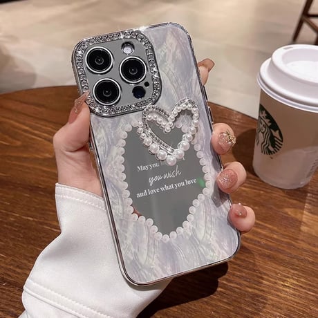CUTECASEジュエリー 鏡付 iPhone15/15proケース 真珠ハート iphone14/13/12proカバー 高級感 丈夫 ギフトにおすすめCM3877
