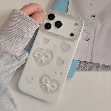 CUTECASEパールリボン iPhone17/17proケース ホワイト ラメ入り iPhone17promax/16/15Proカバー パールストラップ 可愛すぎCM5807