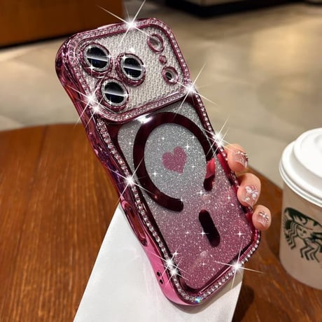 うねうねジュエリーライン iPhone17Pro/17ケース MagSafe対応 ハート柄 iPhone16/15/14ケース ラグジュアリー感 メタリックカラー レンズ保護CM6311