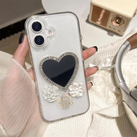 CUTECASE ハート型ミラー iPhone16/16proケース 花デコ iPhone15promax/14/13カバー パールストラップ 人気 CM5350