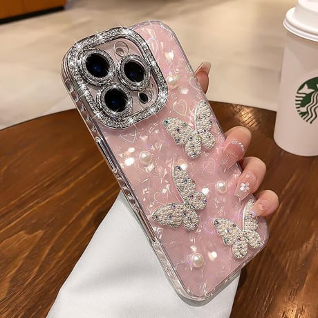 CUTECASE ジュエリー/パールデコ iPhone17/16promaxカバー 蝶々 カメラカバー iPhone15/14/13ケース 綺麗ストラップ キラキラハート入りシェル柄CM5590