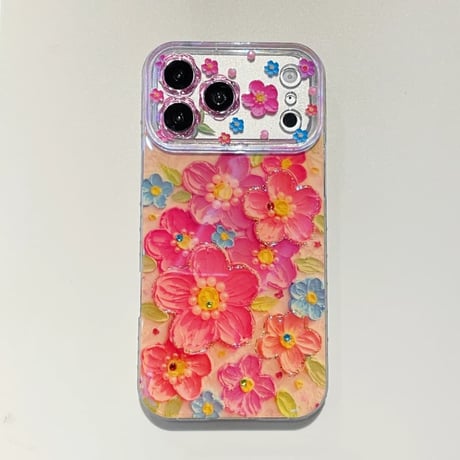 CUTECASE 油絵花 iPhone17Promaxケースストーンライン iPhone16Pro/15/14ケース 光沢感 可愛い 美しいCM6207