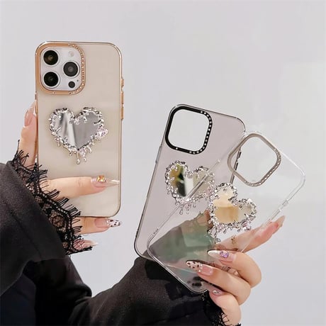 CUTECASEダイヤハート鏡付 iPhone16/16proケース高透明感クリア iPhone15Pro/14カバー 黄ばまない CM4783