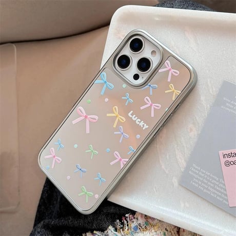 CUTECASEリボン柄 iPhone16pro/16ケース メイク直し鏡 iPhone15/14promax/13proケース 春夏向け 大人可愛い 丈夫CM5213
