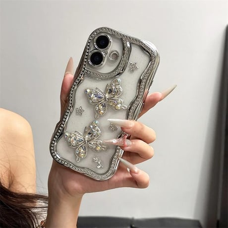 CUTECASEダイヤ蝶 iPhone16pro/16カバー ジュエリーライン iPhone15pro/14/13promaxケース 上品 大人可愛い うねうね CM5364