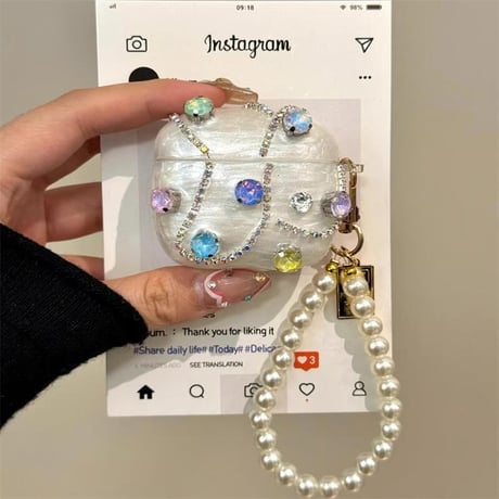 CUTECASEハンドメイド Airpods4ケース ダイヤ/ジュエリーデコ Airpods3/Pro2ケース airpodspro2カバー パールストラップ付 女子力高い 華やか 上品CM5192