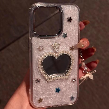 CUTECASEジュエリー鏡 iPhone16pro/16ケース パールリボンストラップ iphone15pro/14/13カバー 上品 可愛いCM5117
