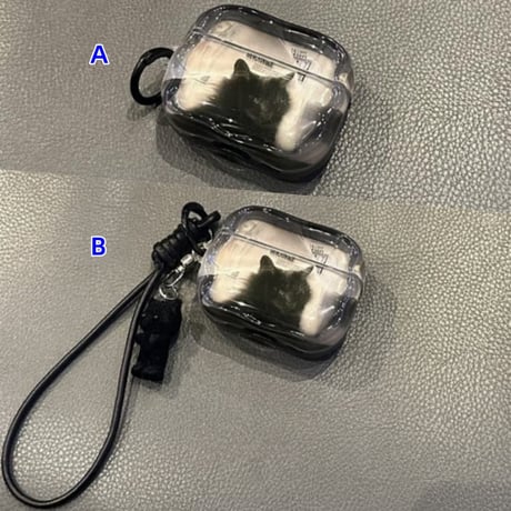 CUTECASE クール猫 AirpodsPro3ケース ブラック Airpods4/3カバー pro2/pro1 リング/ストラップ付 カッコイイCM5990