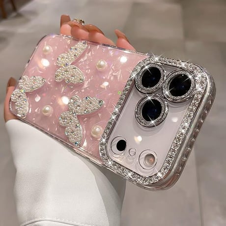 CUTECASE パール蝶 iPhone17Pro/17ケース シェル調 キラキラハート柄 iPhone17promax/17Air/16ケース レンズフイルム付き 大人可愛い CM5695