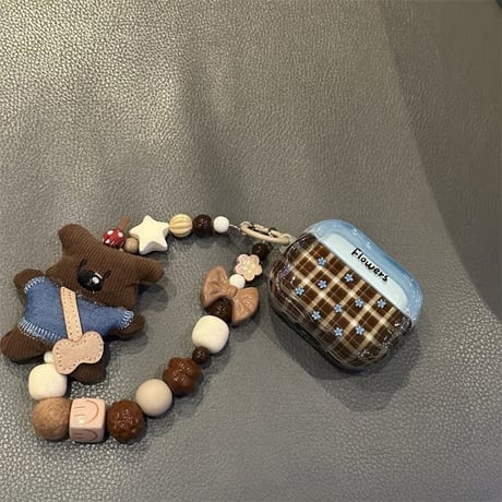 CUTECASE 韓国っぽい Airpods Pro3ケース 花柄 熊ストラップ付 Airpods4/3ケース AirpodsPro2/Pro1カバー チェック柄 ギフトにおすすめ CM5838