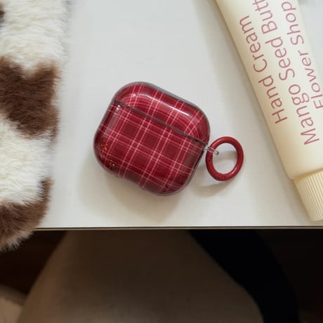 CUTECASE チェック柄 Airpods Pro3ケース レッド Airpods4/3カバー pro2/pro1 リング/ハートキーホルダー 大人可愛いCM6128