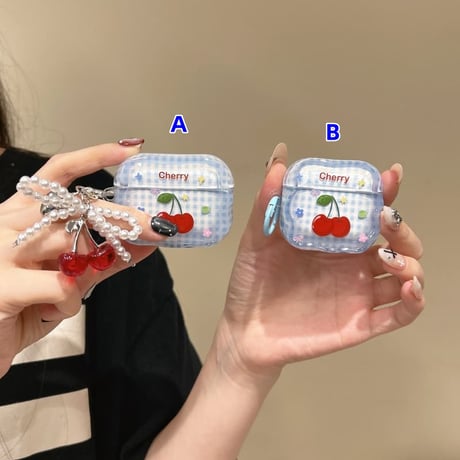 CUTECASEチェリー Airpods Pro3ケース チェック柄 Airpods4/3カバー pro2/pro1 うねうね リング/キーホルダーCM6519