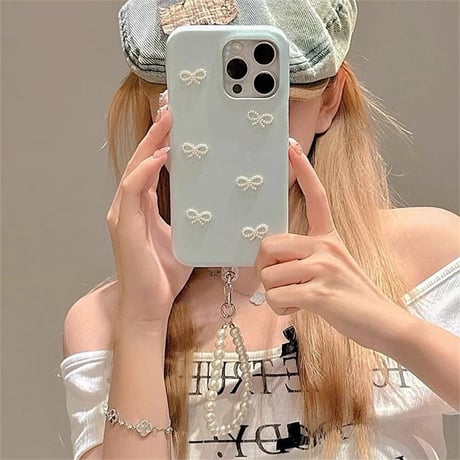 CUTECASEパールリボン iPhone16/15proケース 皮製 パールストラップ付 iPhone14/13pro/12ケース 女子力アップ おしゃれCM4550