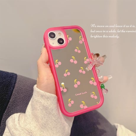 CUTECASE チェリーミラーiPhone15/15proケース ストラップ付 iPhone14/13pro/12ケース レンズフイルム付 丈夫C6024