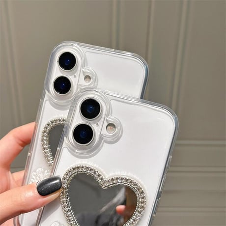 CUTECASE ハート型ミラー iPhone16/16proケース 花デコ iPhone15promax/14/13カバー パールストラップ 人気 CM5350