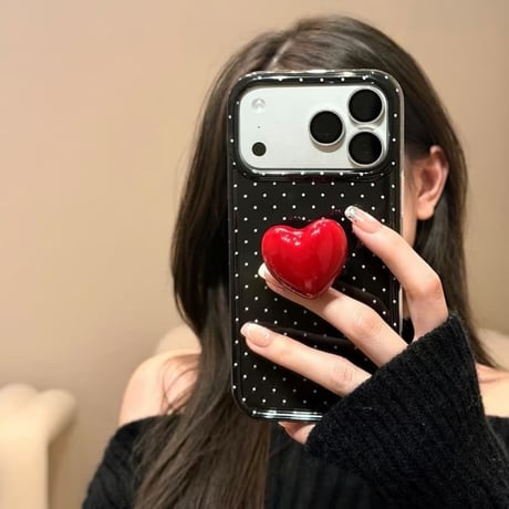 CUTECASE レッドハートスタンド iPhone17Pro/17ケース 水玉模様 iPhone17ProMax/16Pro/15カバー 可愛すぎ CM6038