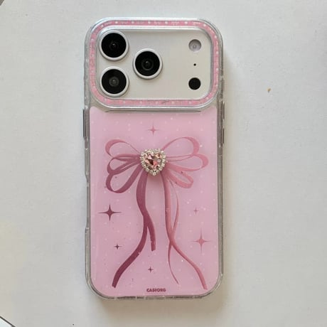 CUTECASE ピンクハートダイヤ iPhone17Pro/17ケース リボン柄 iPhone17Promax/16Pro/15ケース キラキラ かわいいCM6141