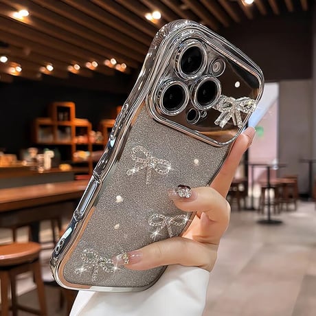 CUTECASEダイヤリボン iPhone16/16Proケース うねうねライン ラメ iPhone15pro/14/13Promaxカバー 綺麗 艶感CM5515