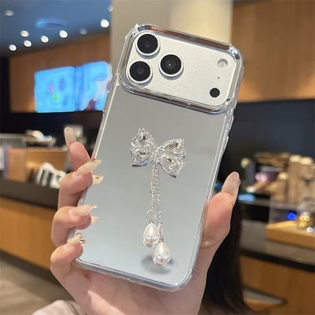 CUTECASE ダイヤリボンフリンジ ミラー iPhone17Pro/17eケース オシャレ iPhone16/15pro/SE3/14/13カバー 光沢感 綺麗 CM6468