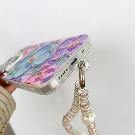 CUTECASE油絵の花 iPhone15Pro/15カバー お洒落ストラップ付 アイフォン14プロ/13/12ケース 光る 女子力アップ CM4555