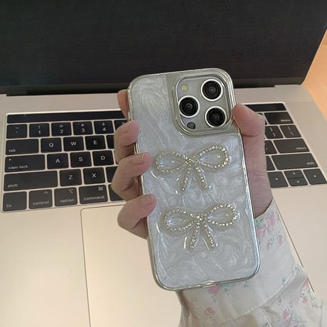 CUTECASE 流行の要素ジュエリーリボン iPhone16/15proケース ホワイト iPhone14/13proケース かわいい 女子力アップ 高級感CM4120