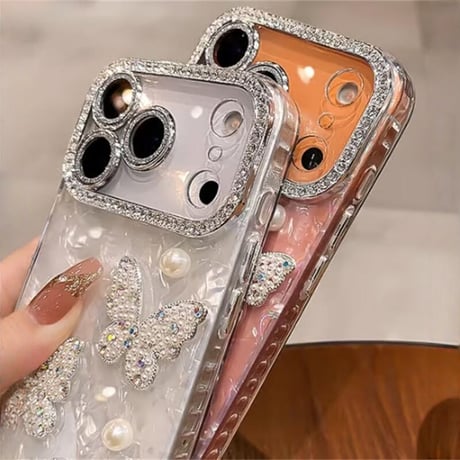 CUTECASE パール蝶 iPhone17Pro/17ケース シェル調 キラキラハート柄 iPhone17promax/17Air/16ケース レンズフイルム付き 大人可愛い CM5695