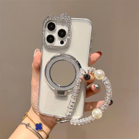 CUTECASE ミラー iPhone17/17Proケース ジュエリーリボンカメラ枠 iPhone17Air/17Promaxカバー スタンド機能 高透明CM5670