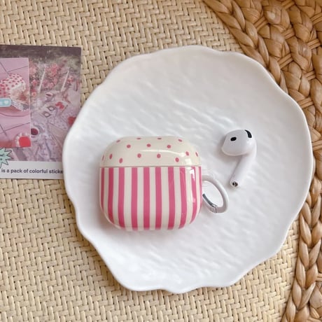 CUTECASE 韓国っぽ Airpods Pro3ケース ストライプ柄 Airpods4/3カバー pro2/Pro1ケース 可愛い リング/花キーホルダー 光沢感CM6162